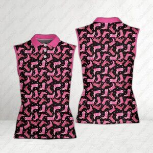 Western Cowgirl Golf Polo Shirt, Pink Cowboy Boots Women Polo Shirt, Sleeveless